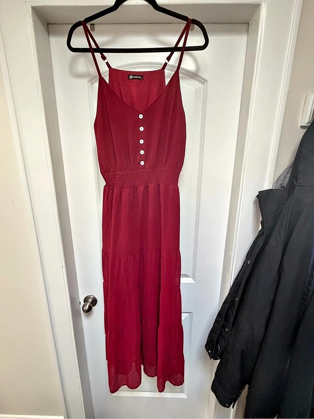 PrettyGarden V Neck Maxi Spaghetti Strap Chiffon Button Tiered Beach Long Dress